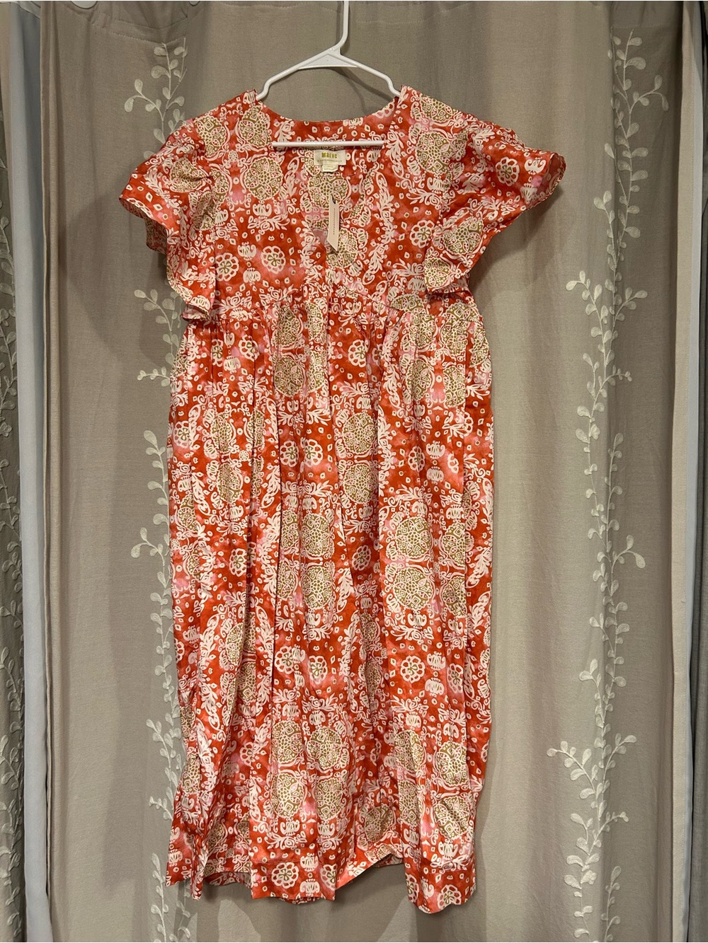 Maeve Coral and Cream Paisley Midi Dress